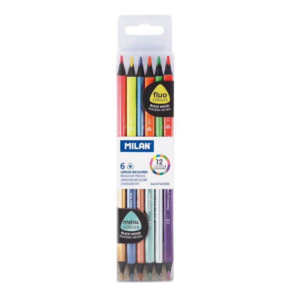 Caja de 6 lápices bicolor fluo/metal Milan